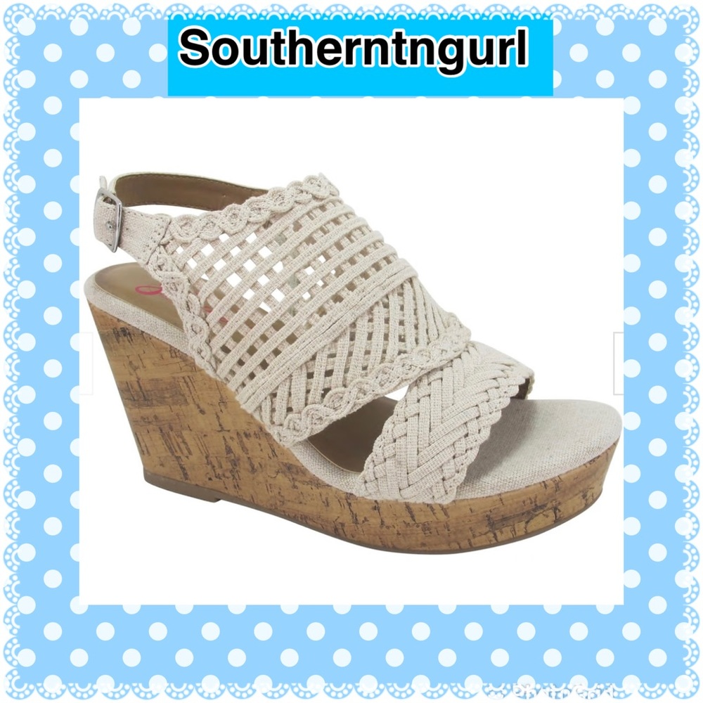 NWT JELLYPOP ”Hestia” Open Toe Canvas Heels Sandals Platforms Wedges